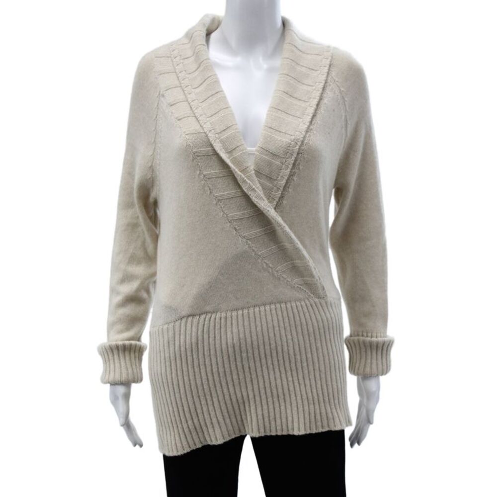 Malo Womens Cashmere V-Neck Pullover Sweater Beige Long Sleeve Classic Size S